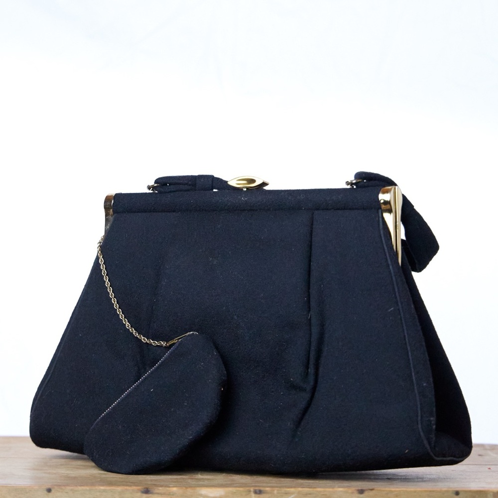 Vintage Black Evening Bag Top Handle Purse Gold Tone Frame